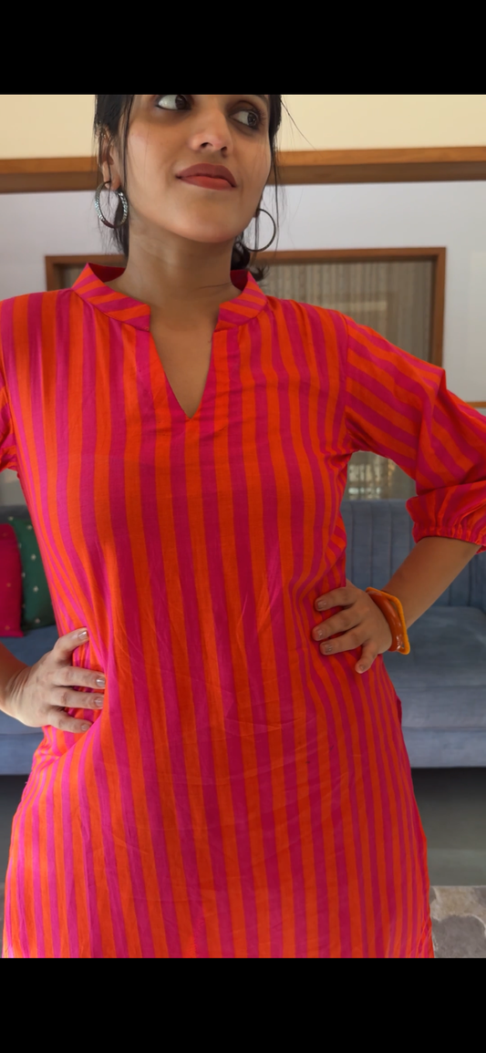 “PINK CITRUS” - Cotton Striped Kurta Set