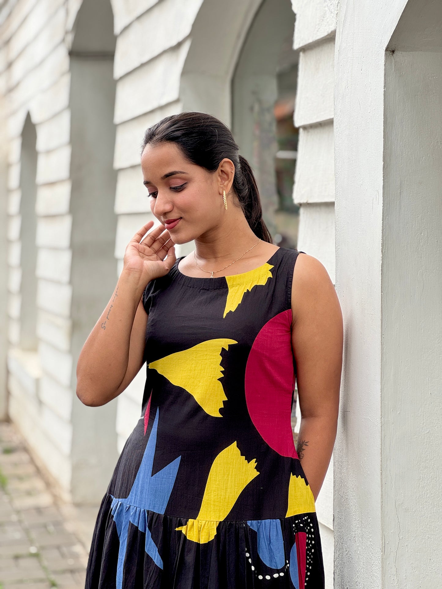 Black Cotton Muticolor Printed Tired Maxi Dress