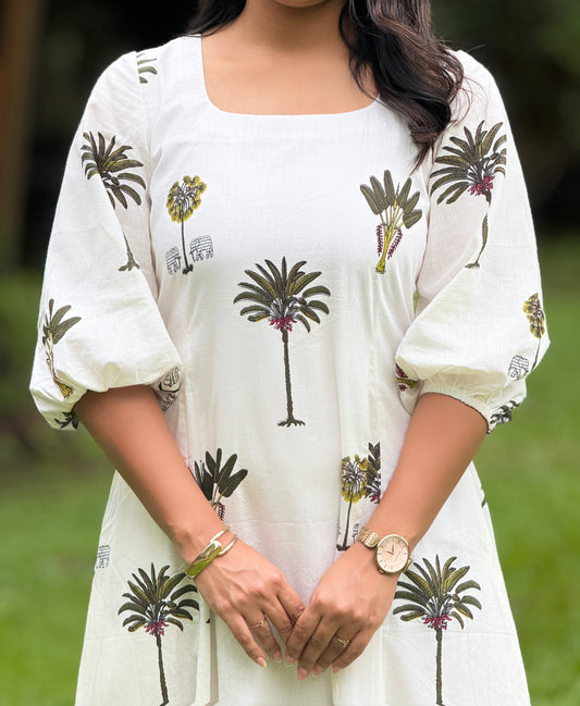 Ponnonam 2026 - Cotton Green Printed Aline Panel Dress
