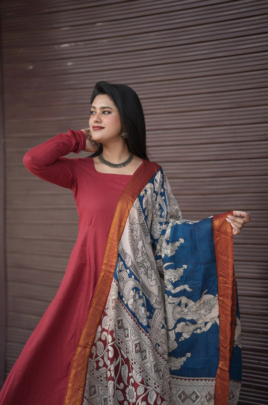 Festive Launch - Cotton Aline Panel kurta with Handmade Kalamkari Dupatta