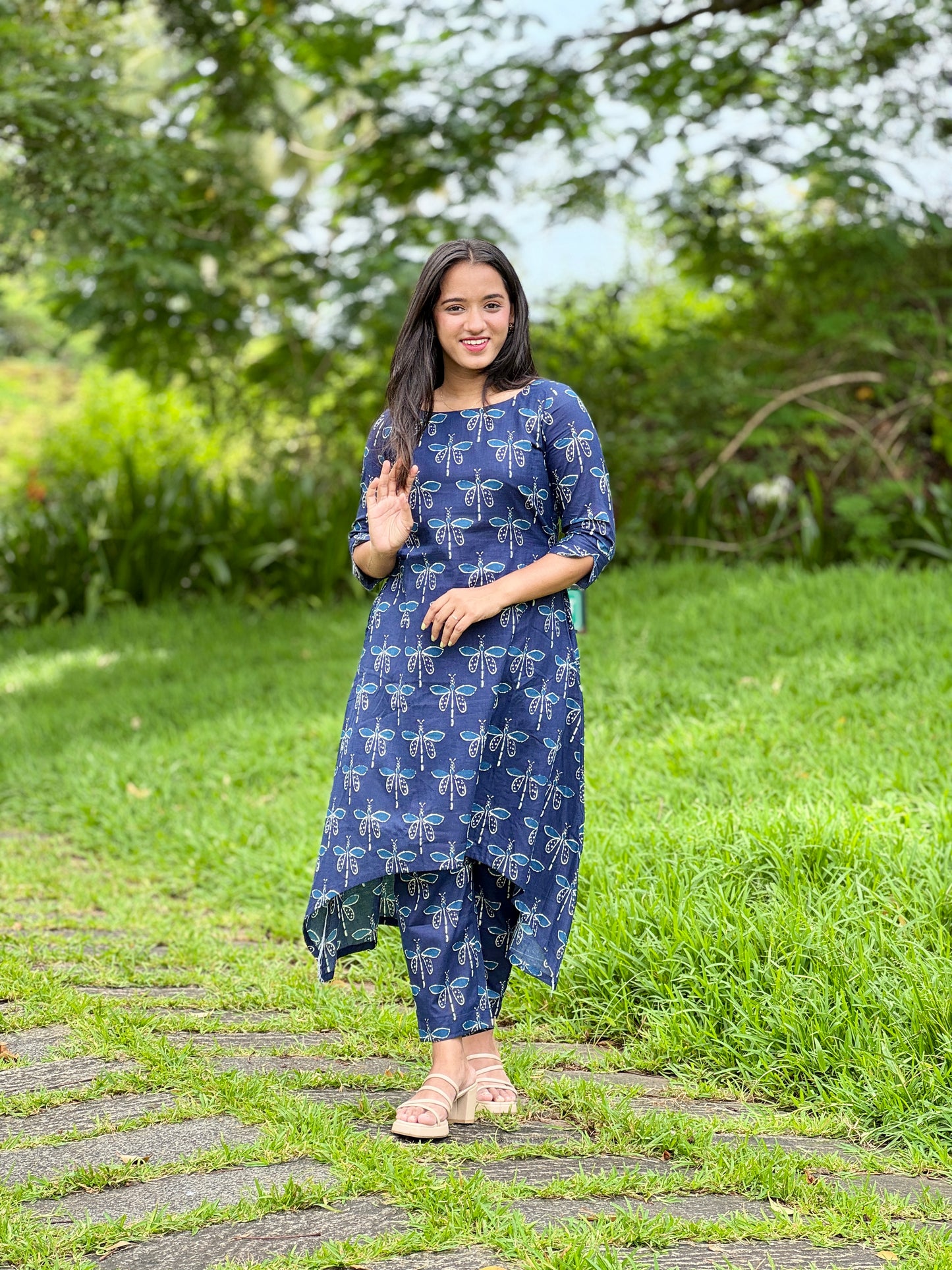 Blue Dragon Fly Printed Asymmetrical Kurta and Pant Set