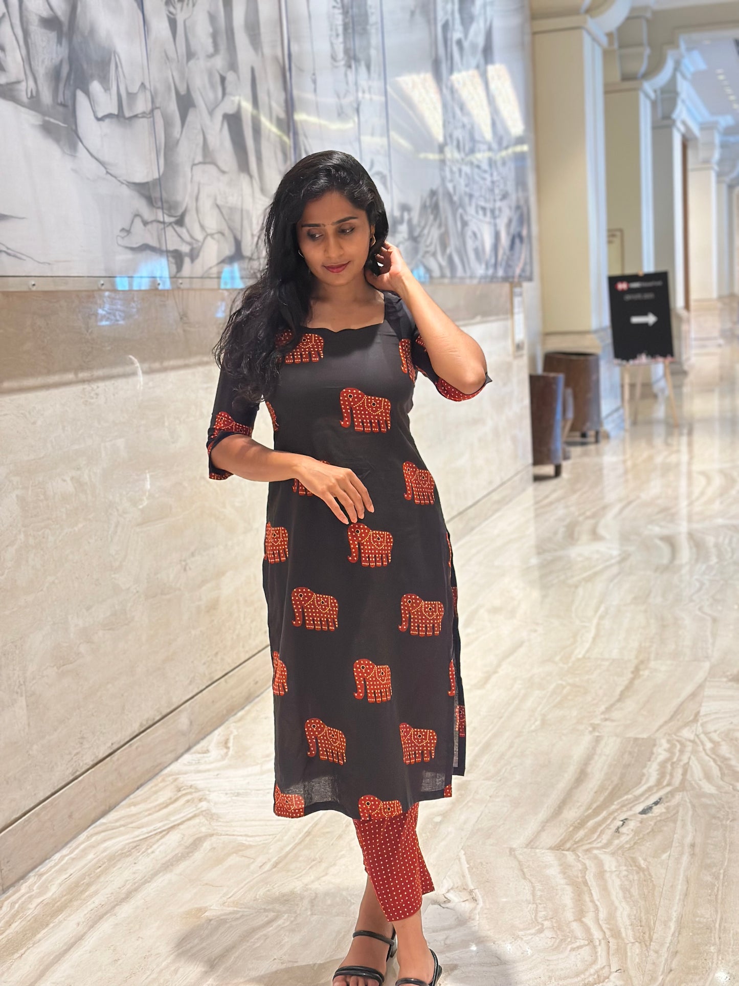 Black with Red Polka Elephant Printed Kurta Pant Set