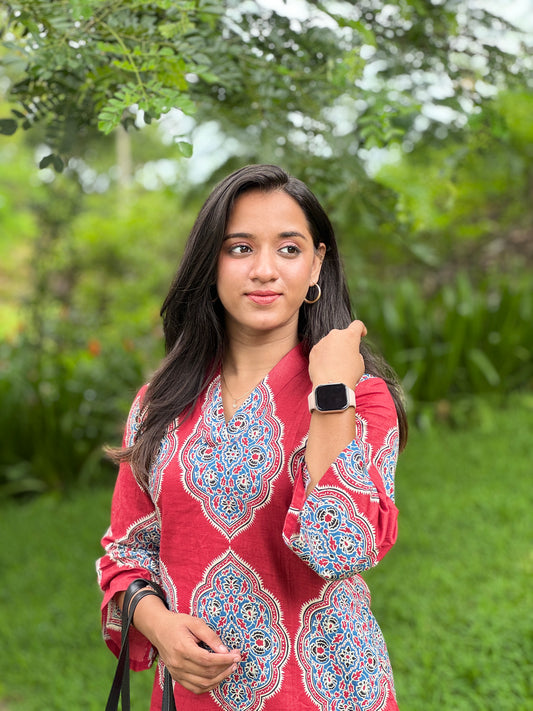 Red With Large Ethnic Motif Printed Coord Set