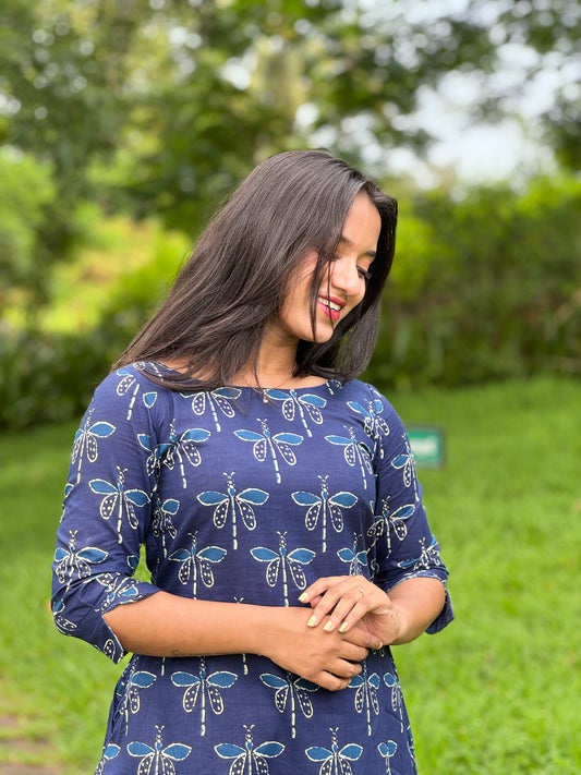 Blue Dragon Fly Printed Asymmetrical Kurta and Pant Set