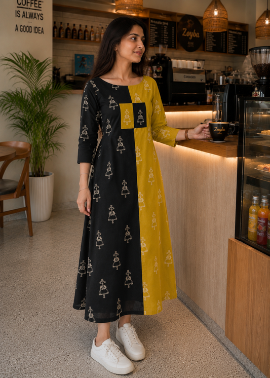 Gramya - Warli Printed Double Colour Cotton Aline Dress