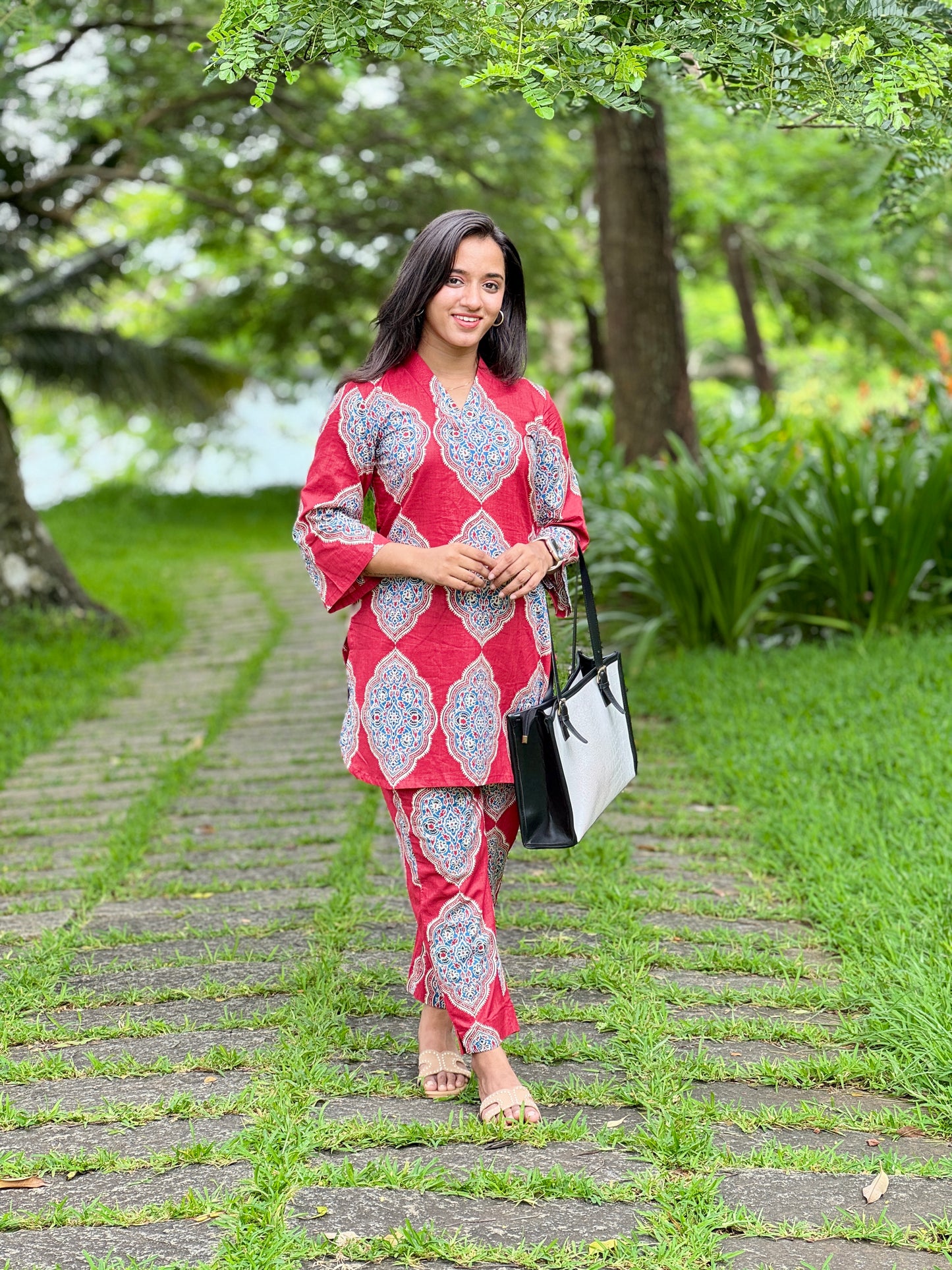 Red With Large Ethnic Motif Printed Coord Set