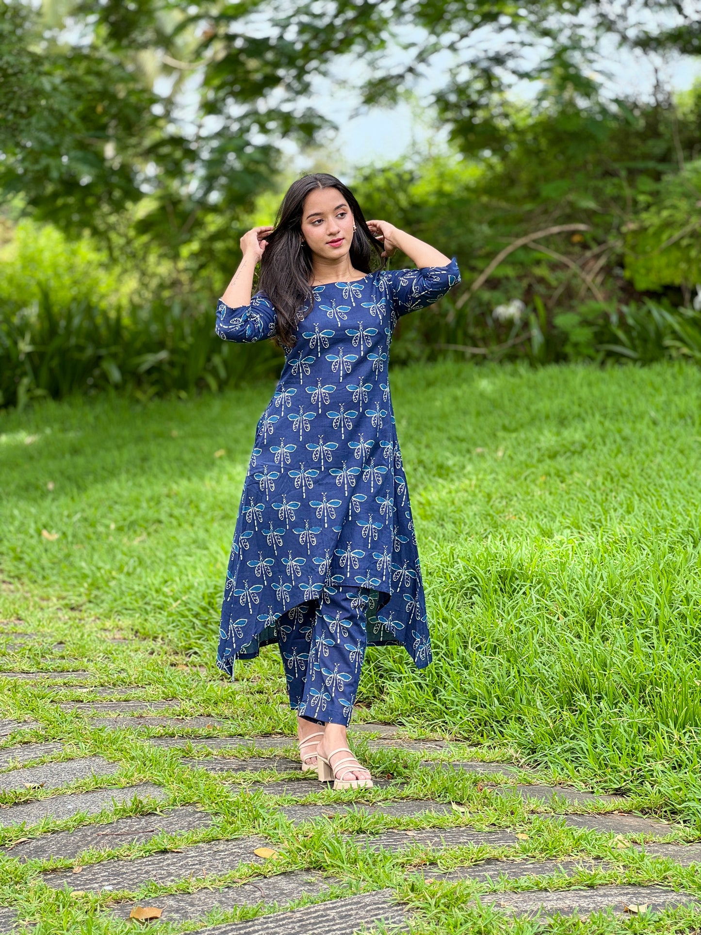 Blue Dragon Fly Printed Asymmetrical Kurta and Pant Set