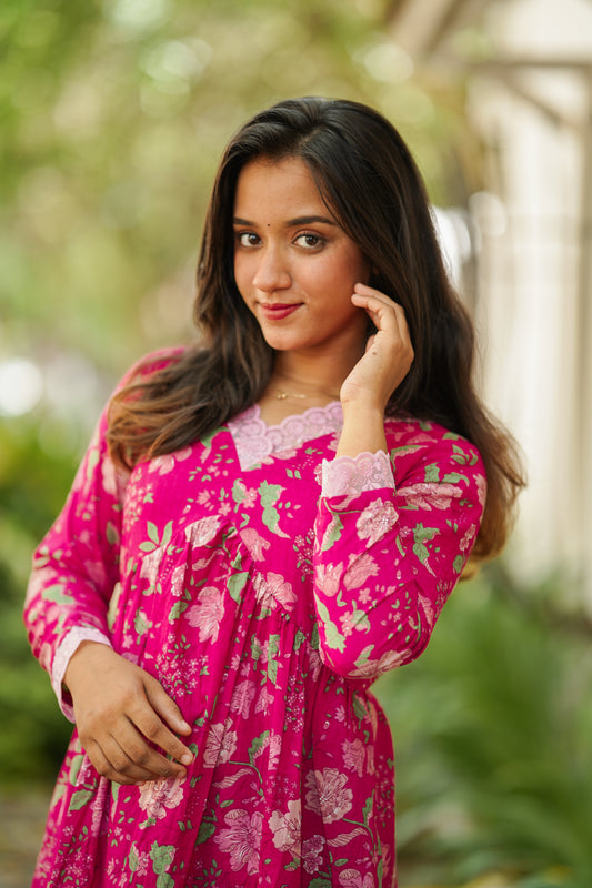 Pink Floral Alia Cut Cotton Dress