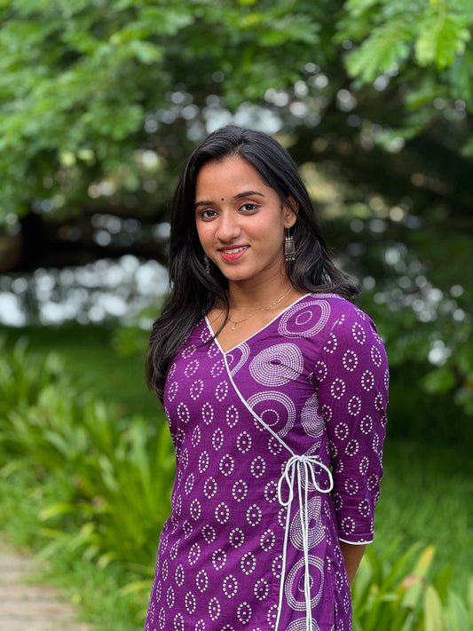 Purple Bandani Printed Angrakha Style Kurta Pant Set