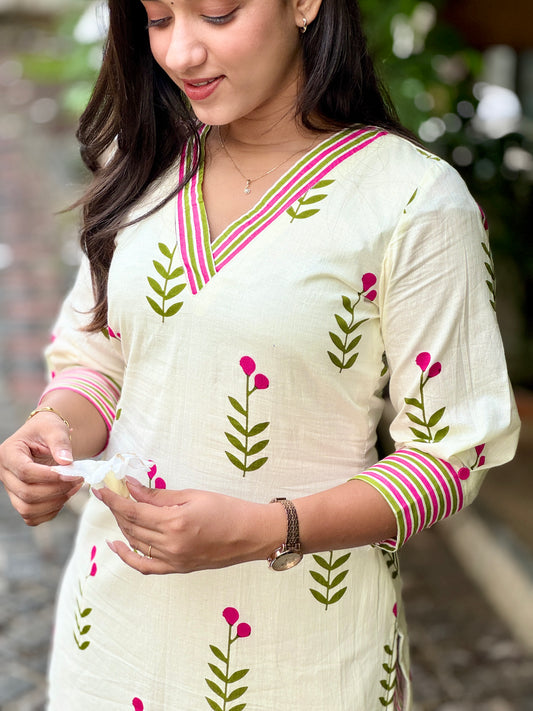 Cream Floral Kurta With Striped Pants