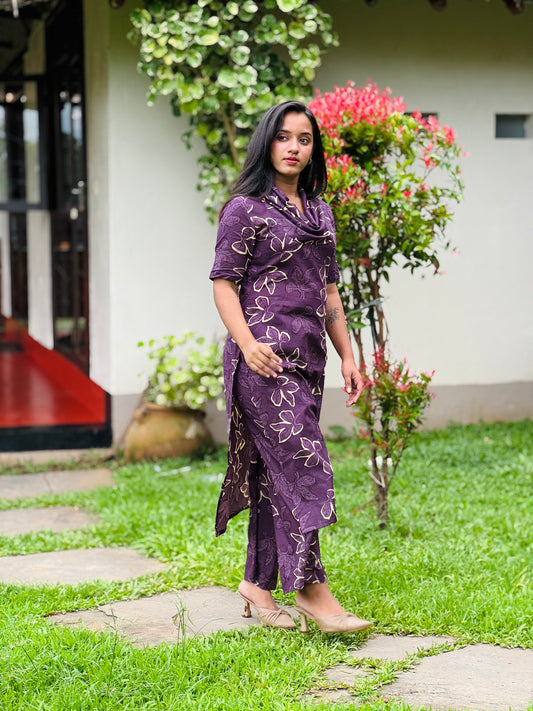 Purple Cotton Floral Printed Kurta and Pant Set