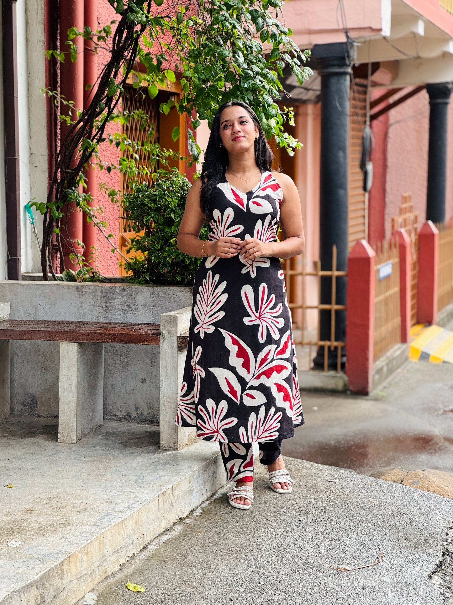Black Floral Halter Neck Aline Kurta and Pant Set