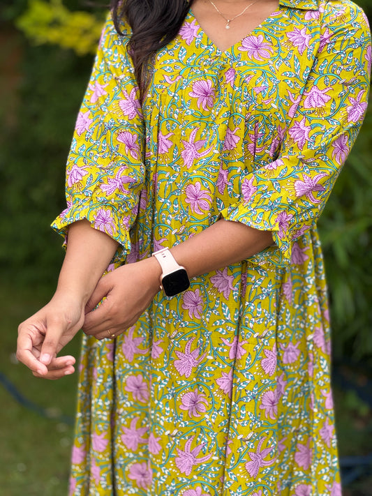 Light Green with Lavender Floral Alia Cut Cotton Dress/Kurta