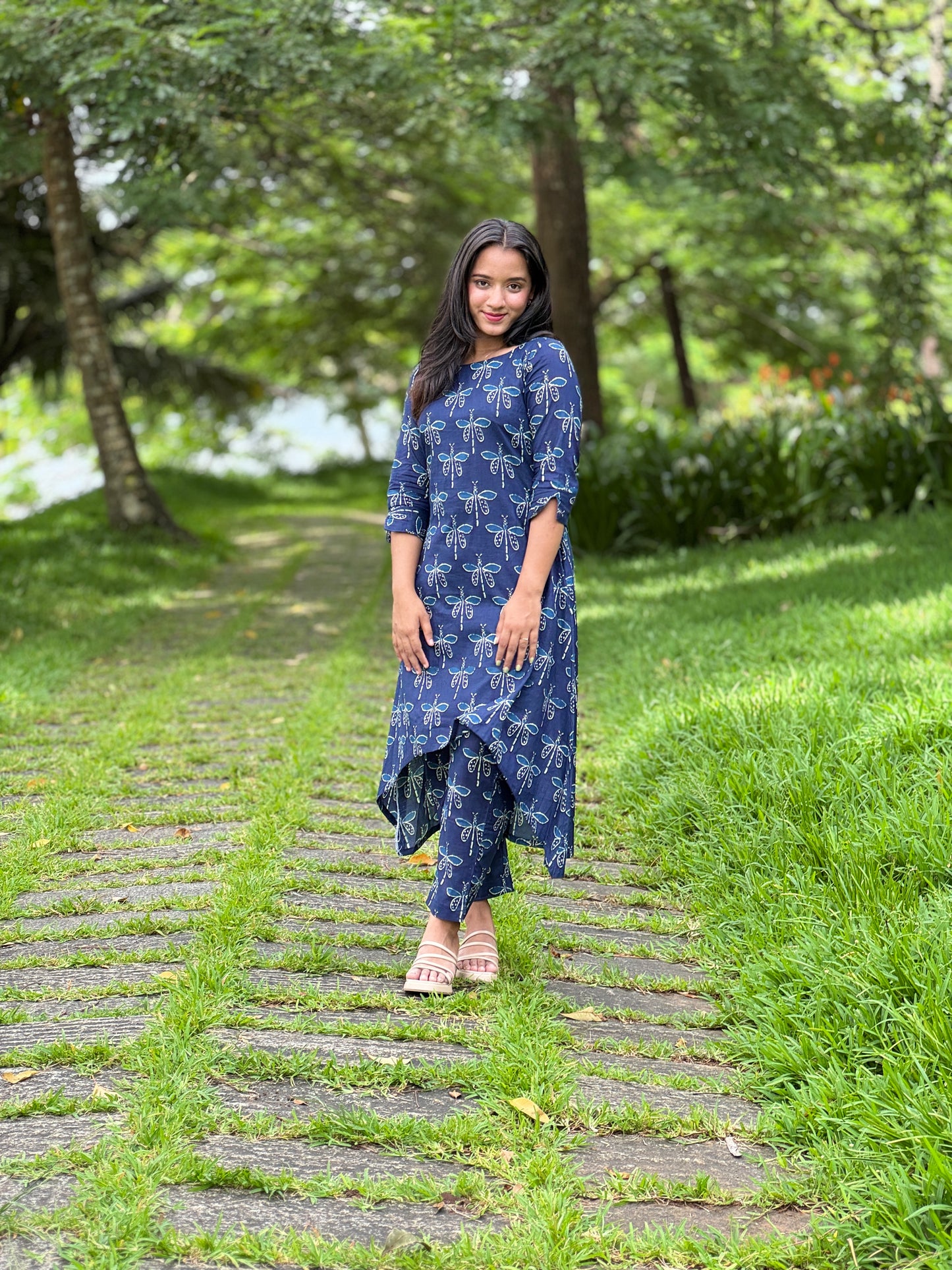 Blue Dragon Fly Printed Asymmetrical Kurta and Pant Set