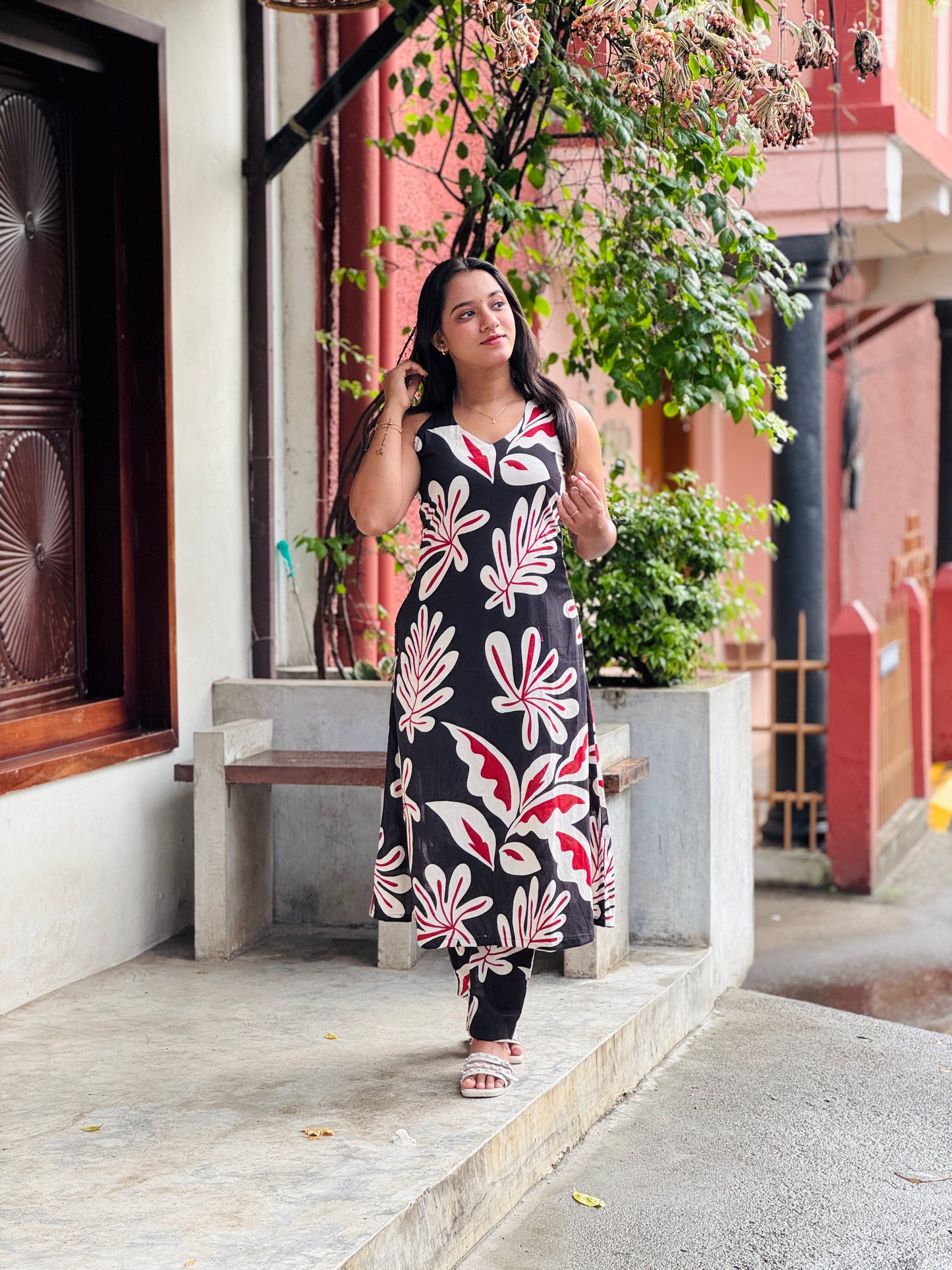 Black Floral Halter Neck Aline Kurta and Pant Set