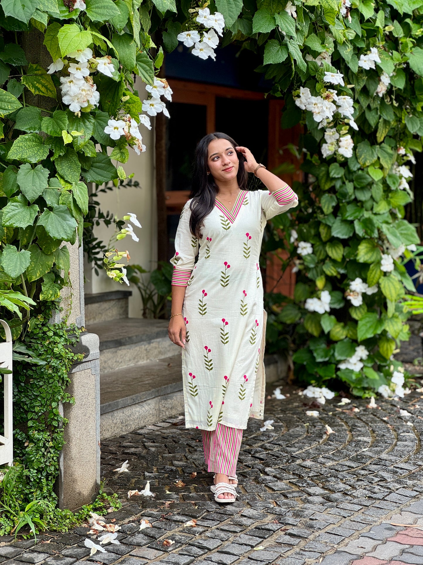 Cream Floral Kurta With Striped Pants