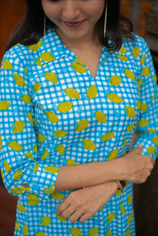 Blue Checkered Kurta and Palazzo Set with lemon print