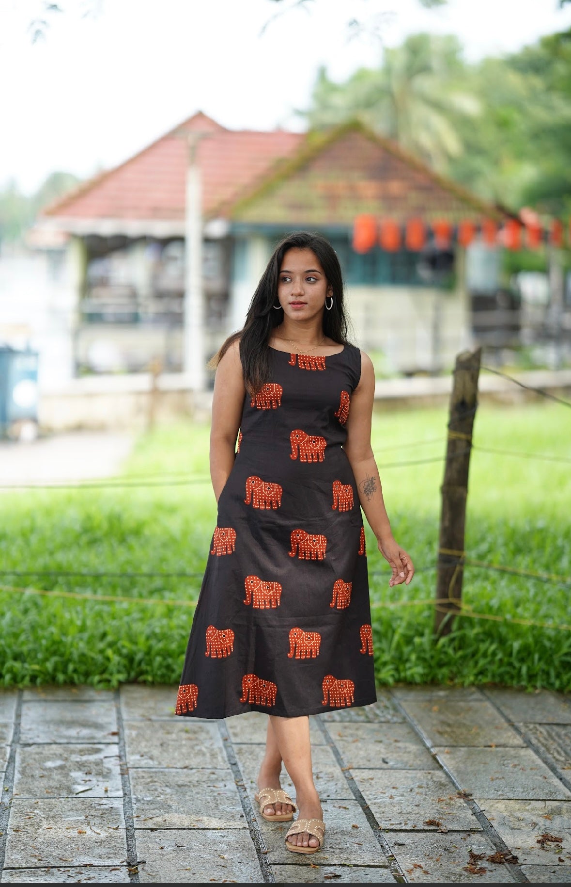 Black Elephant Print Cotton Dress