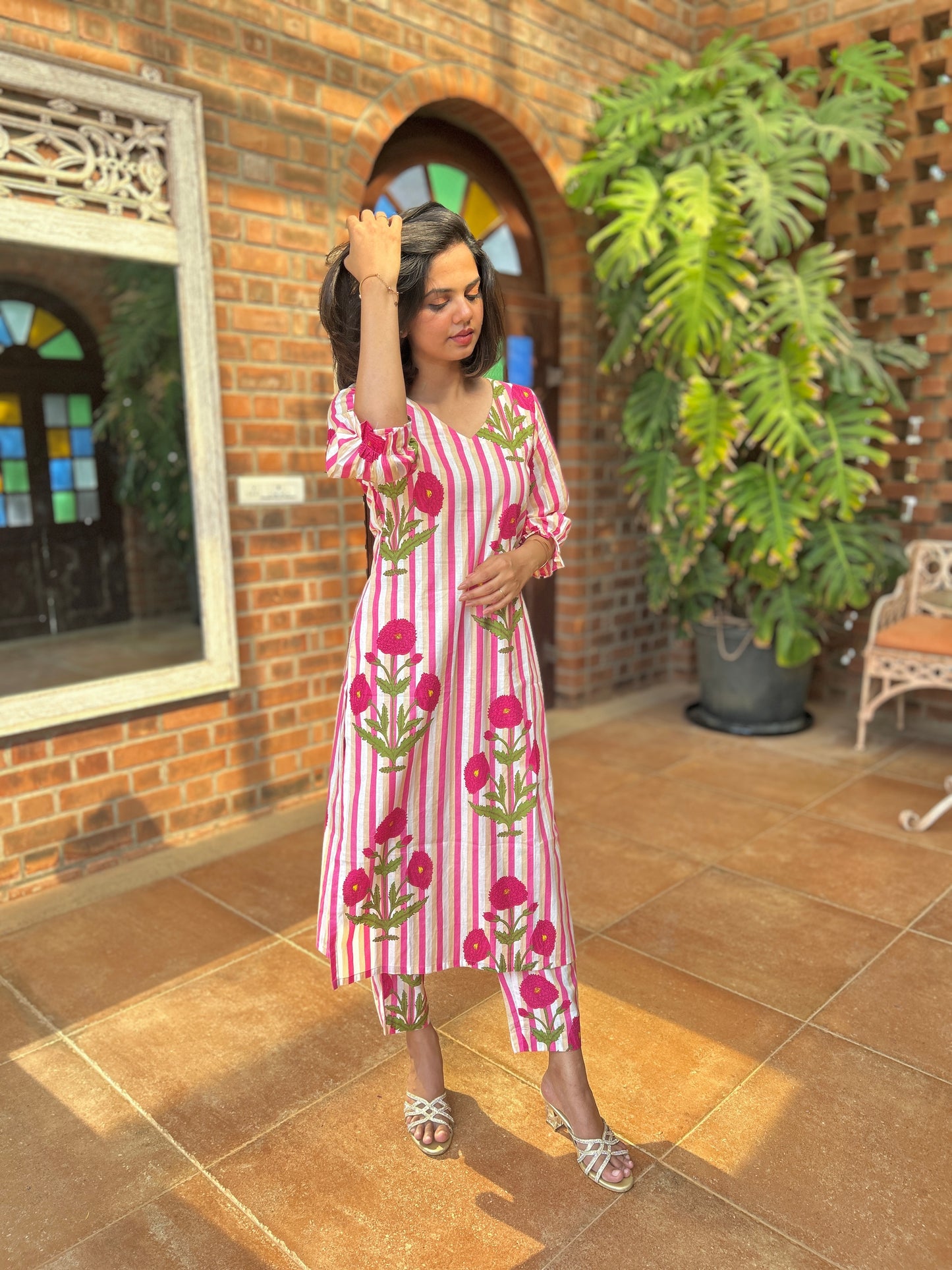 Pink Block Printed Stripe Kurta and Pant Set