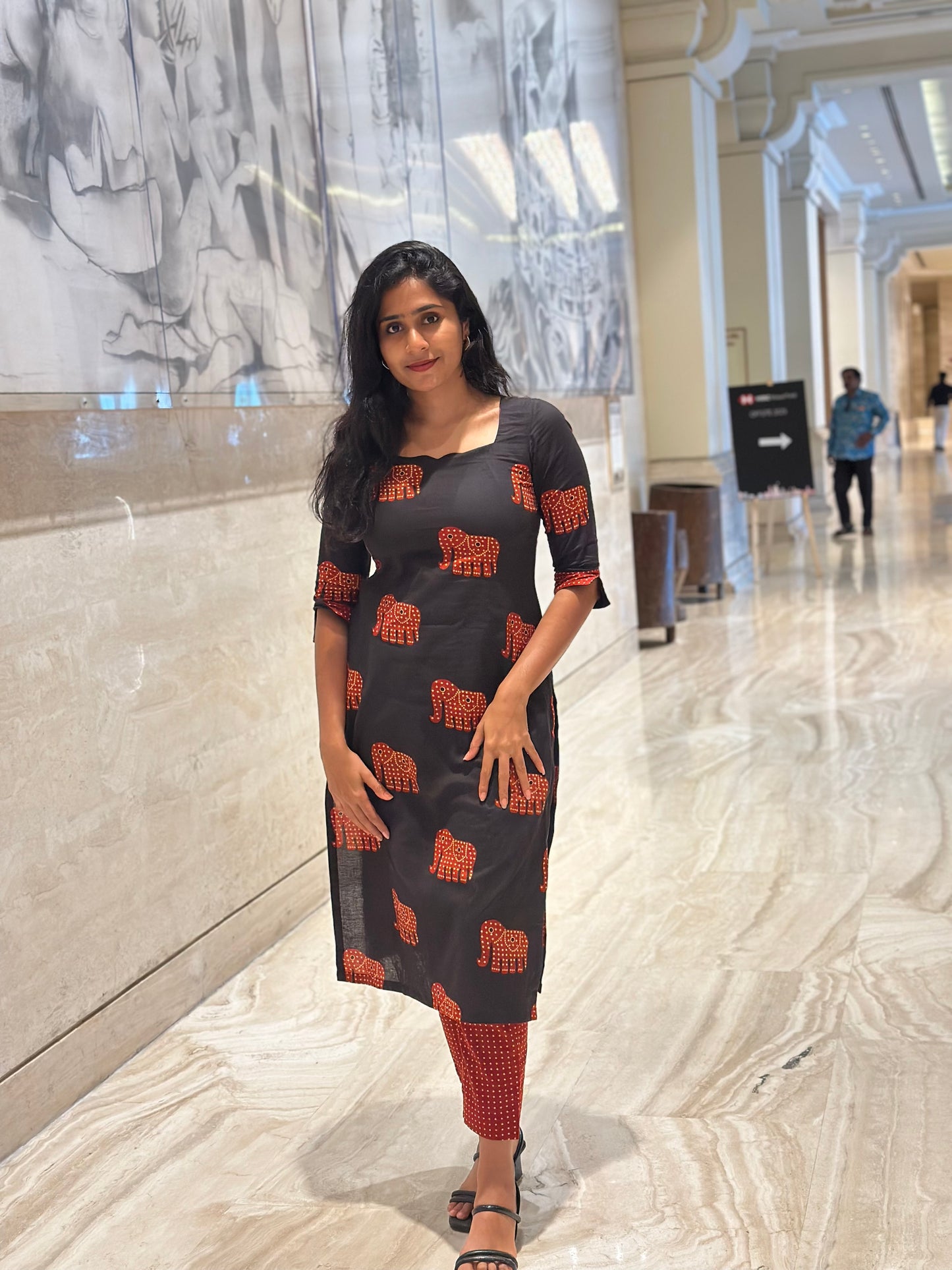 Black with Red Polka Elephant Printed Kurta Pant Set