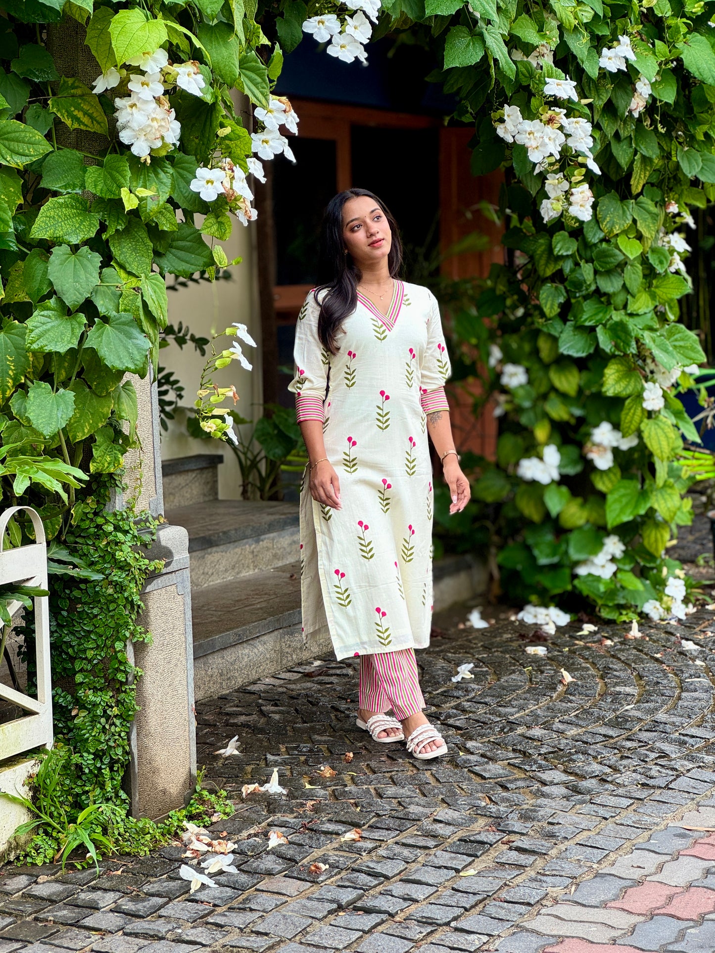 Cream Floral Kurta With Striped Pants