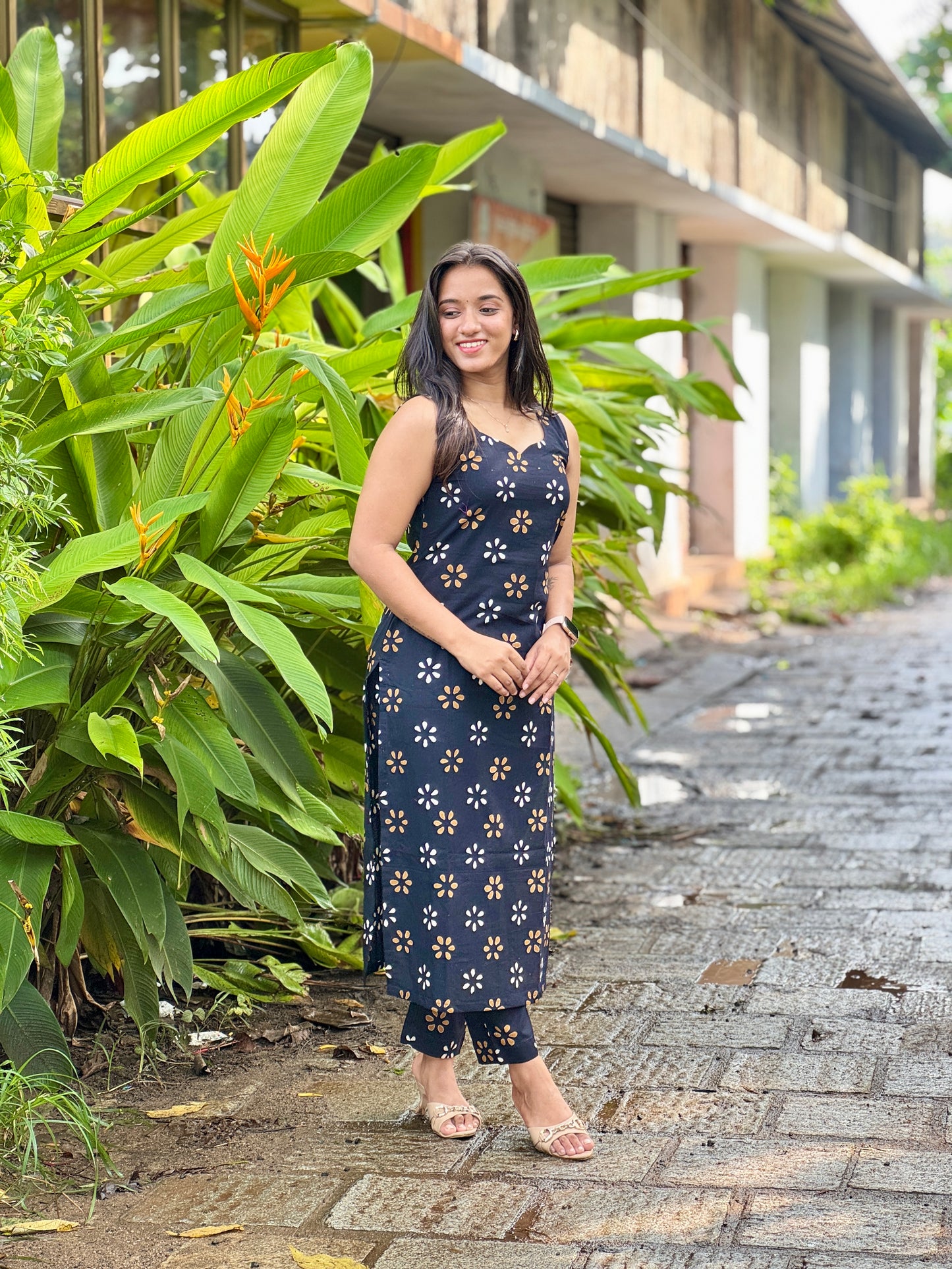 Black Floral Block Printed Kurta Pant Set