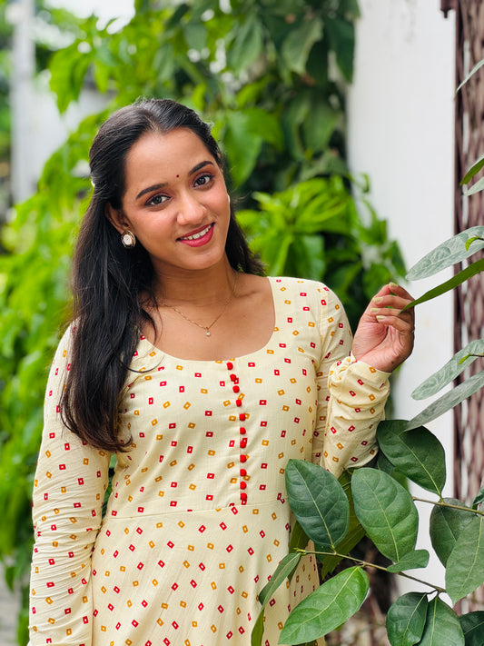 Bright Cream Shade Full Flare Bandani Anarkali Kurta