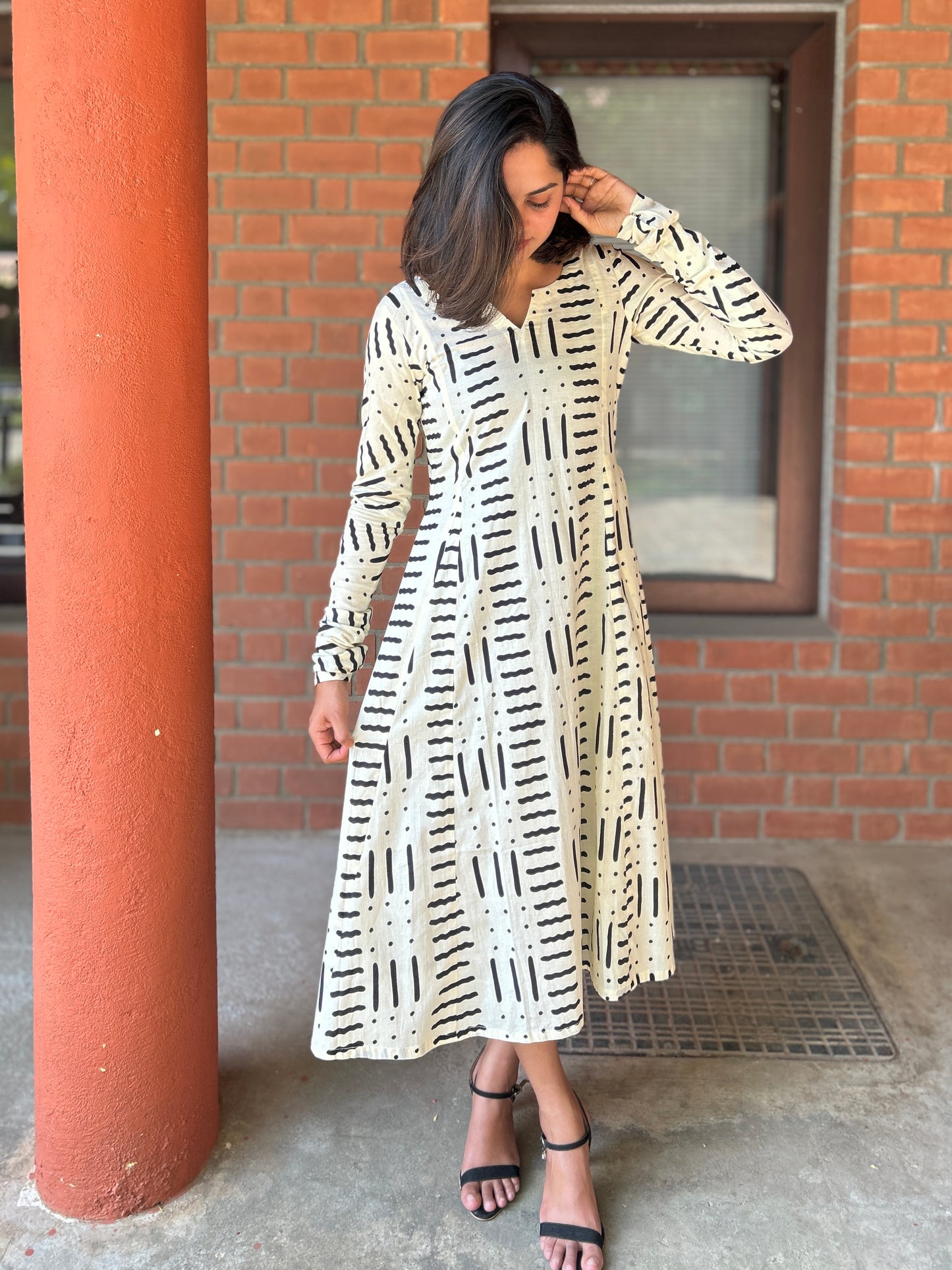 Creame shade Block printed Churi Sleeve Aline Cotton Kurta/Dress
