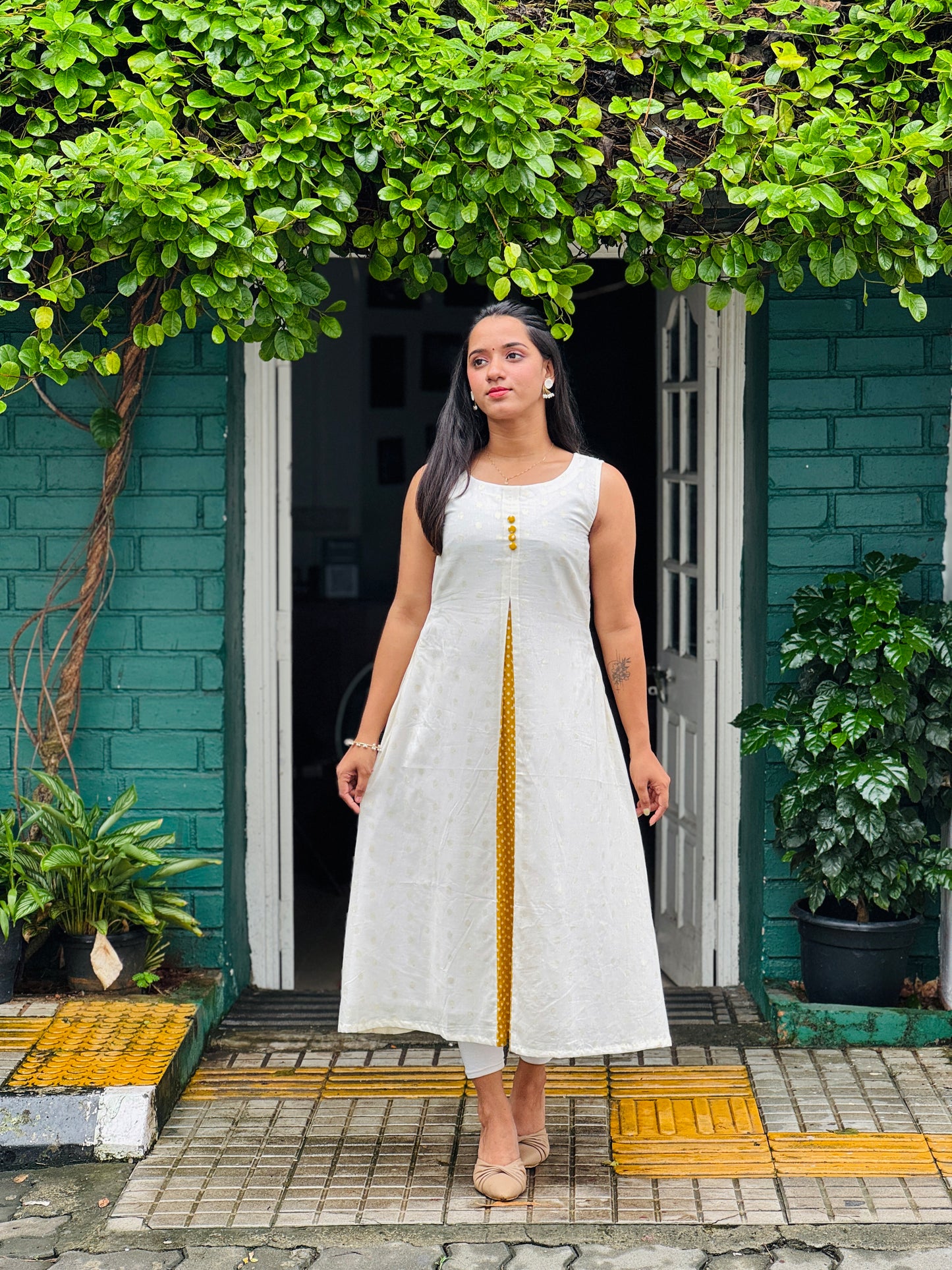 Golden Polka With Contrast Panel Aline Dress / Kurta