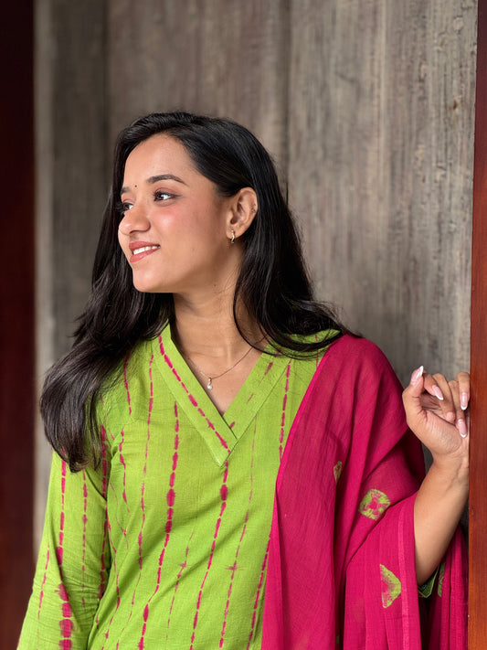 Green Shibori Kurta and Pant Set With Dupatta