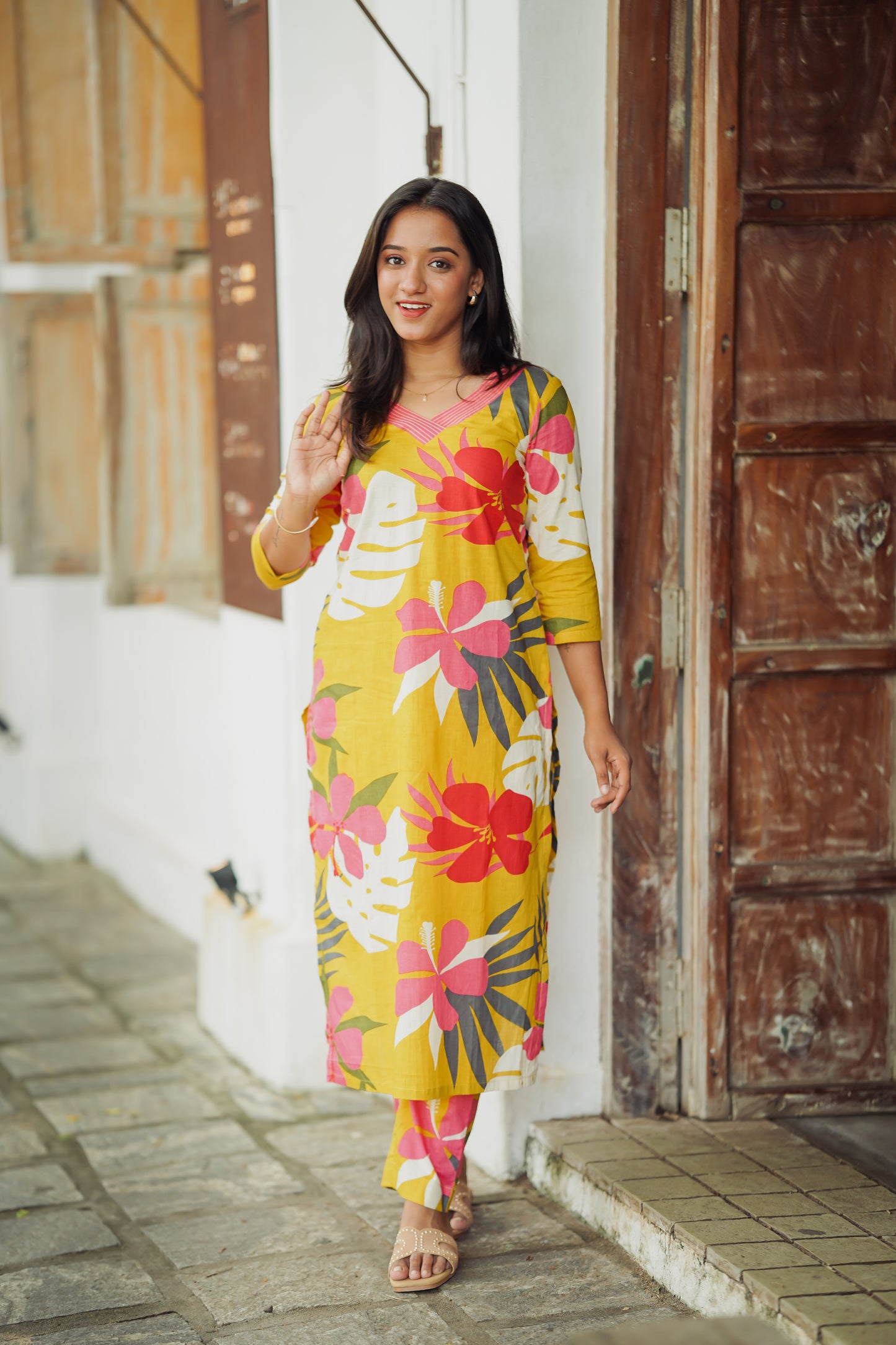 Mustard Yellow Floral Kurta and Pant Set
