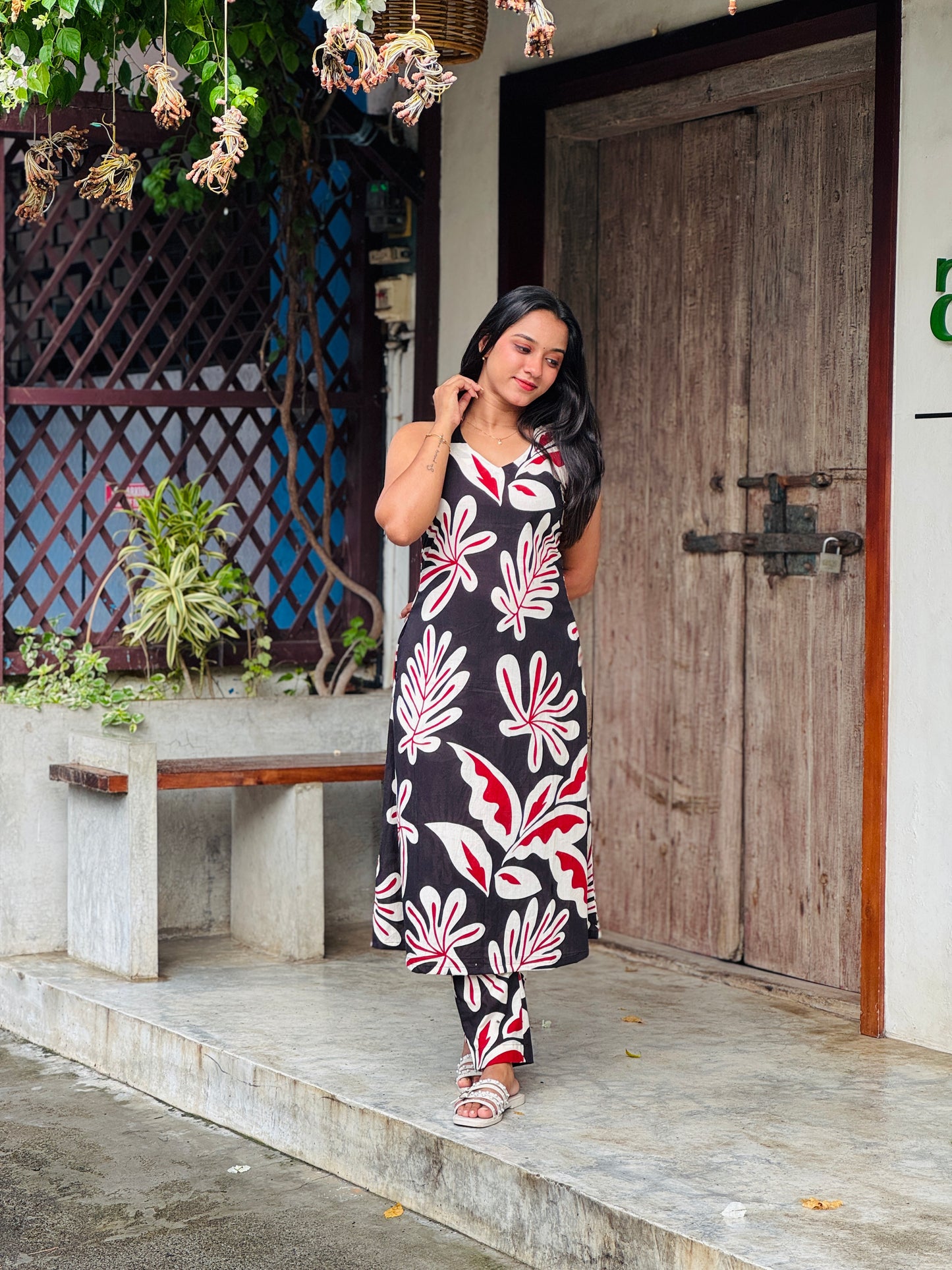 Black Floral Halter Neck Aline Kurta and Pant Set