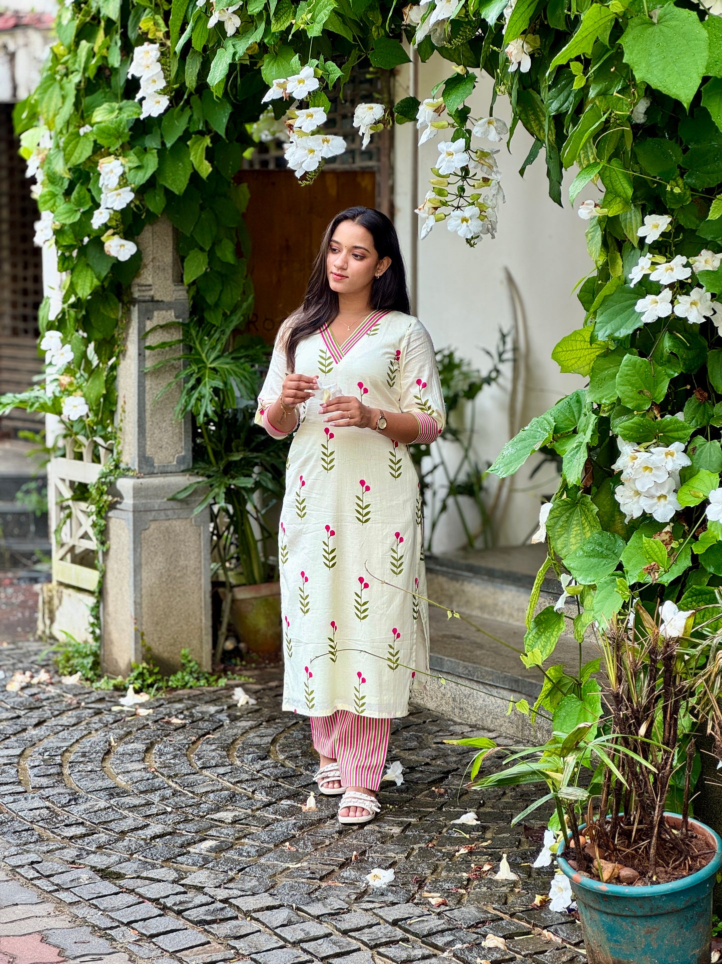 Cream Floral Kurta With Striped Pants