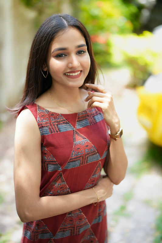 Red Ajrakh Set with Geometrical Print