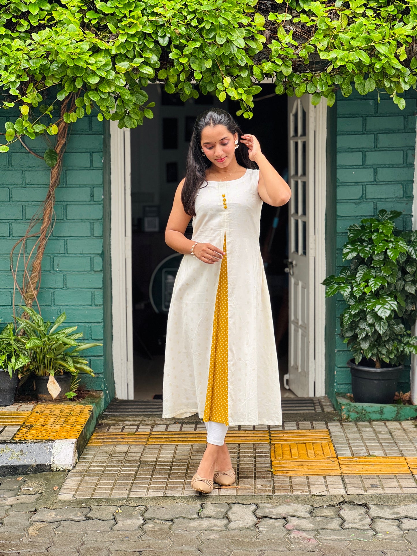 Golden Polka With Contrast Panel Aline Dress / Kurta