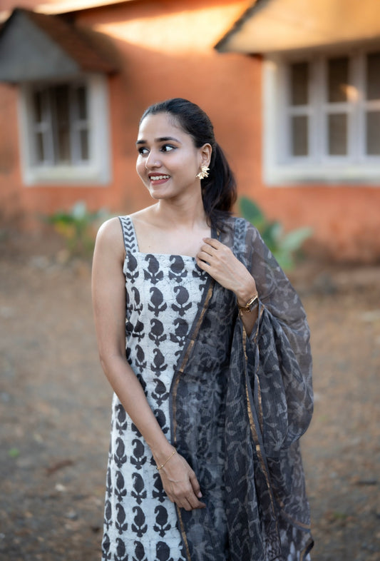 Block Printed Suit Set with Kota dupatta