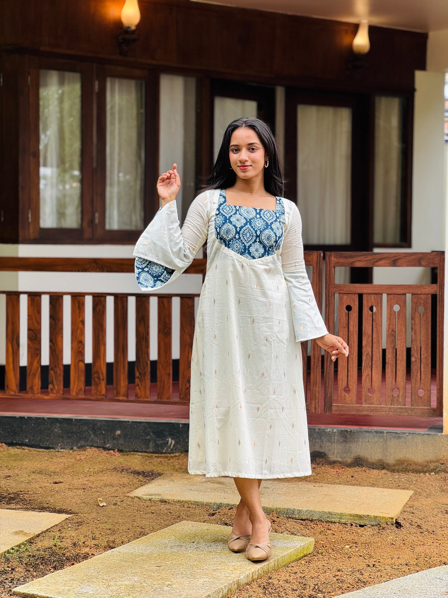 Off White Golden and Silver Butta with Ajrakh Patch Aline Kurta/Dress