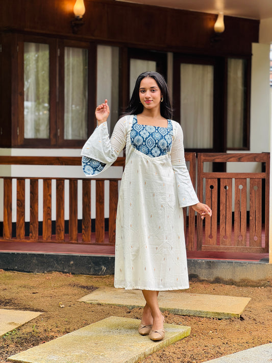 Off White Golden and Silver Butta with Ajrakh Patch Aline Kurta/Dress