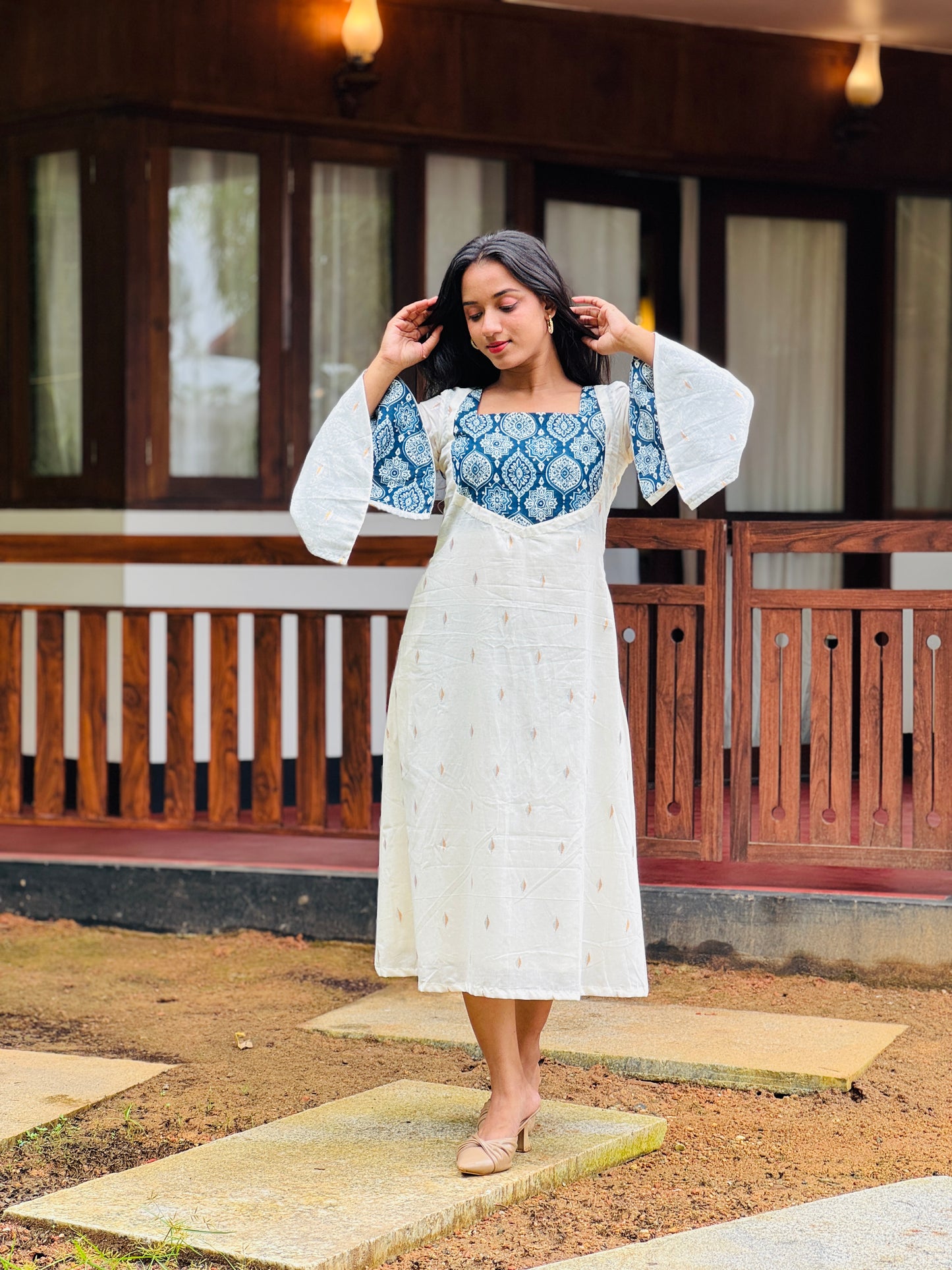 Off White Golden and Silver Butta with Ajrakh Patch Aline Kurta/Dress
