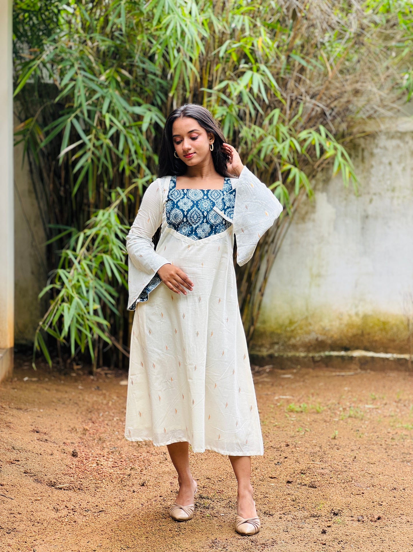 Off White Golden and Silver Butta with Ajrakh Patch Aline Kurta/Dress