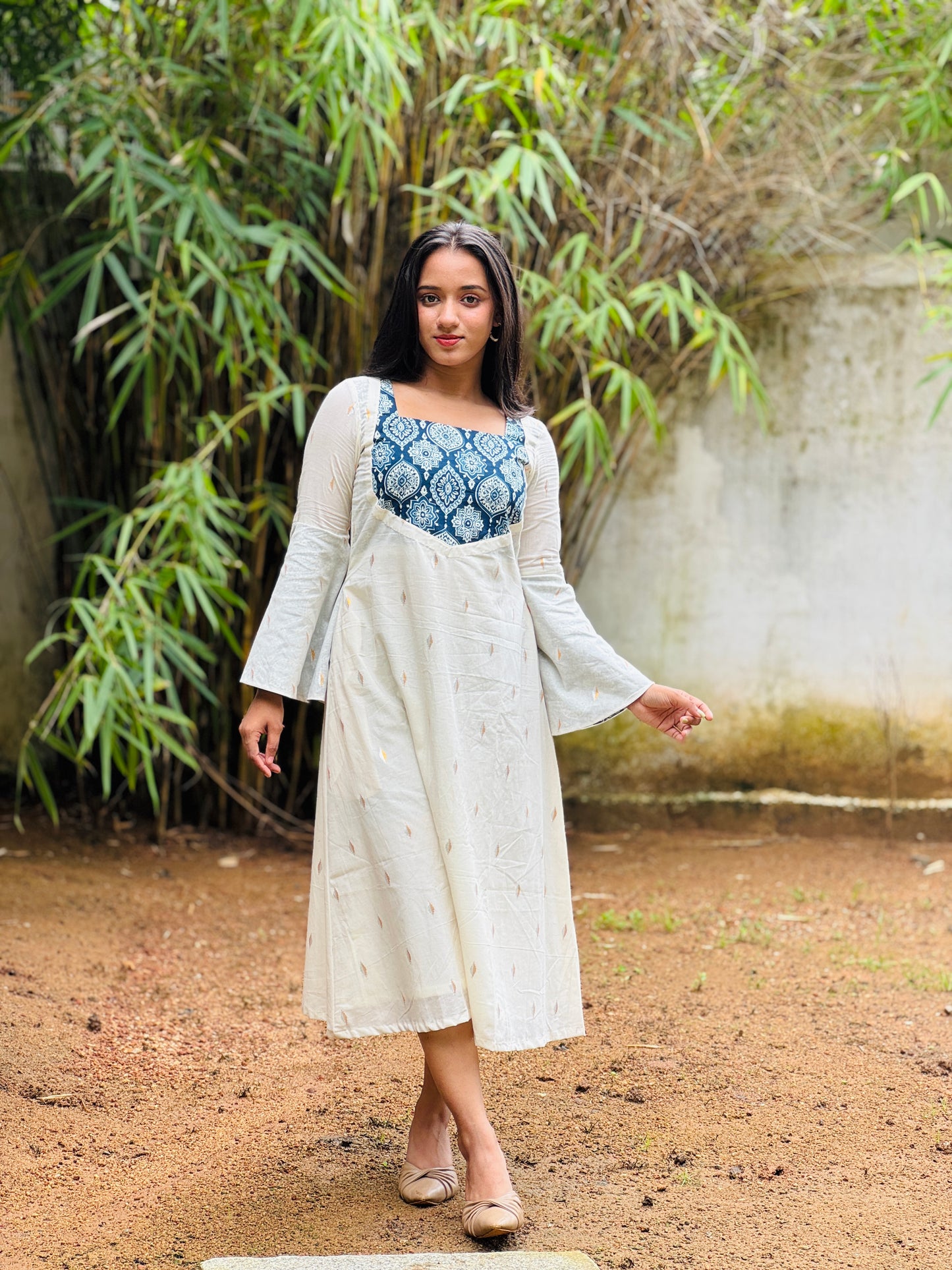 Off White Golden and Silver Butta with Ajrakh Patch Aline Kurta/Dress