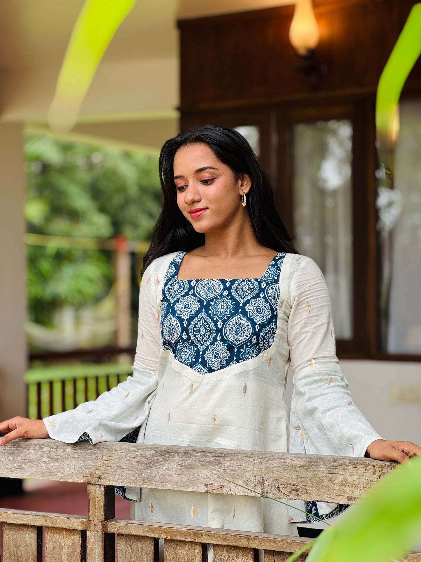 Off White Golden and Silver Butta with Ajrakh Patch Aline Kurta/Dress