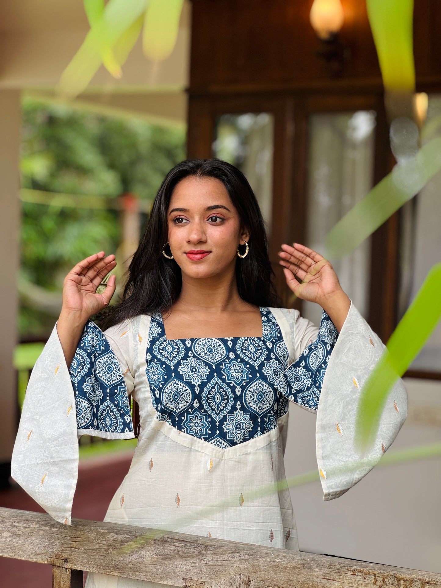 Off White Golden and Silver Butta with Ajrakh Patch Aline Kurta/Dress
