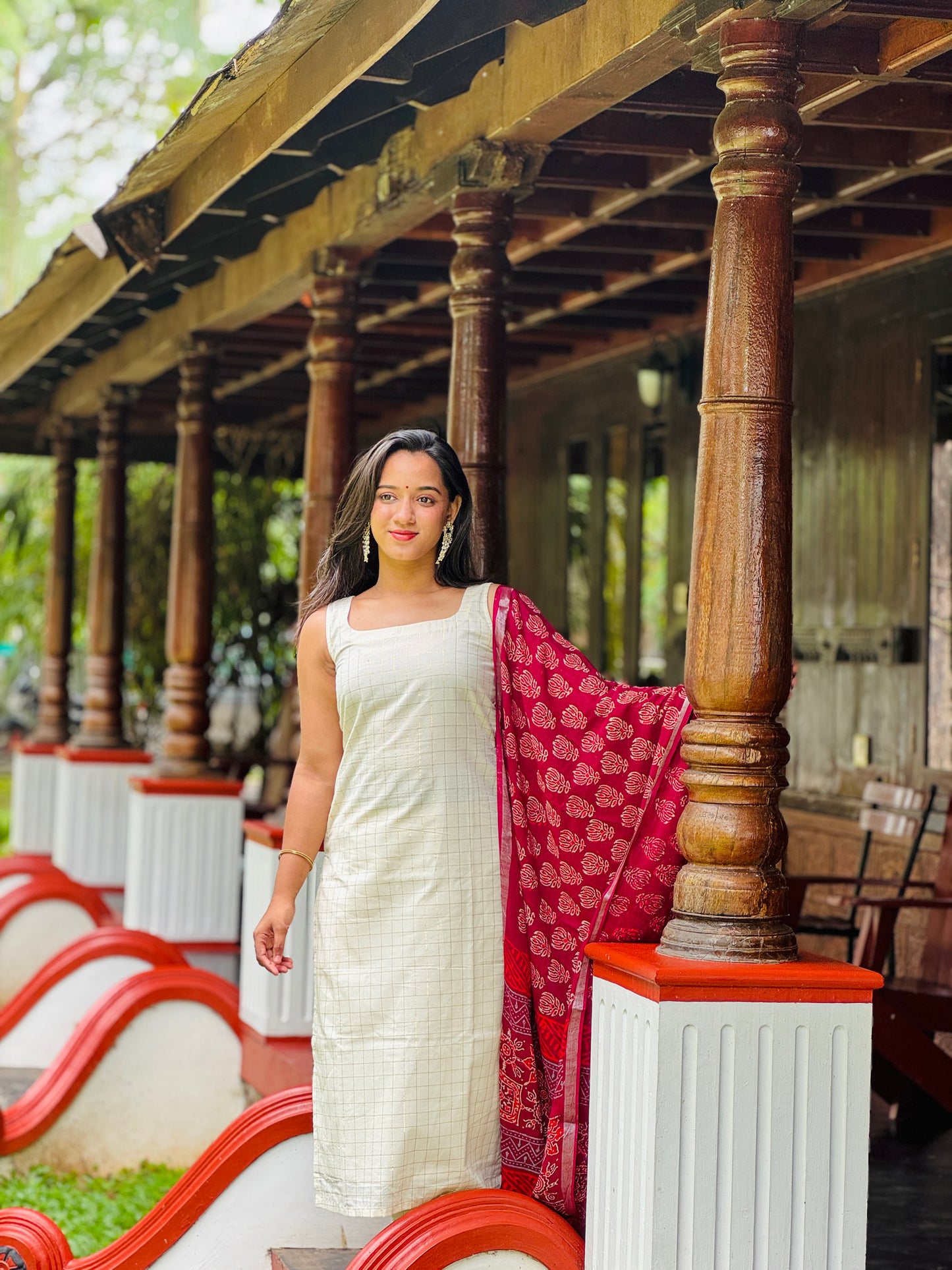 Off White Golden Checkered Kurta and Pant Set with Linen Block Printed Dupatta