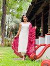 Off White Golden Checkered Kurta and Pant Set with Linen Block Printed Dupatta
