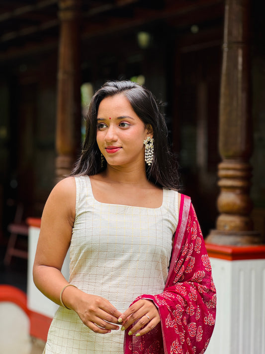 Off White Golden Checkered Kurta and Pant Set with Linen Block Printed Dupatta
