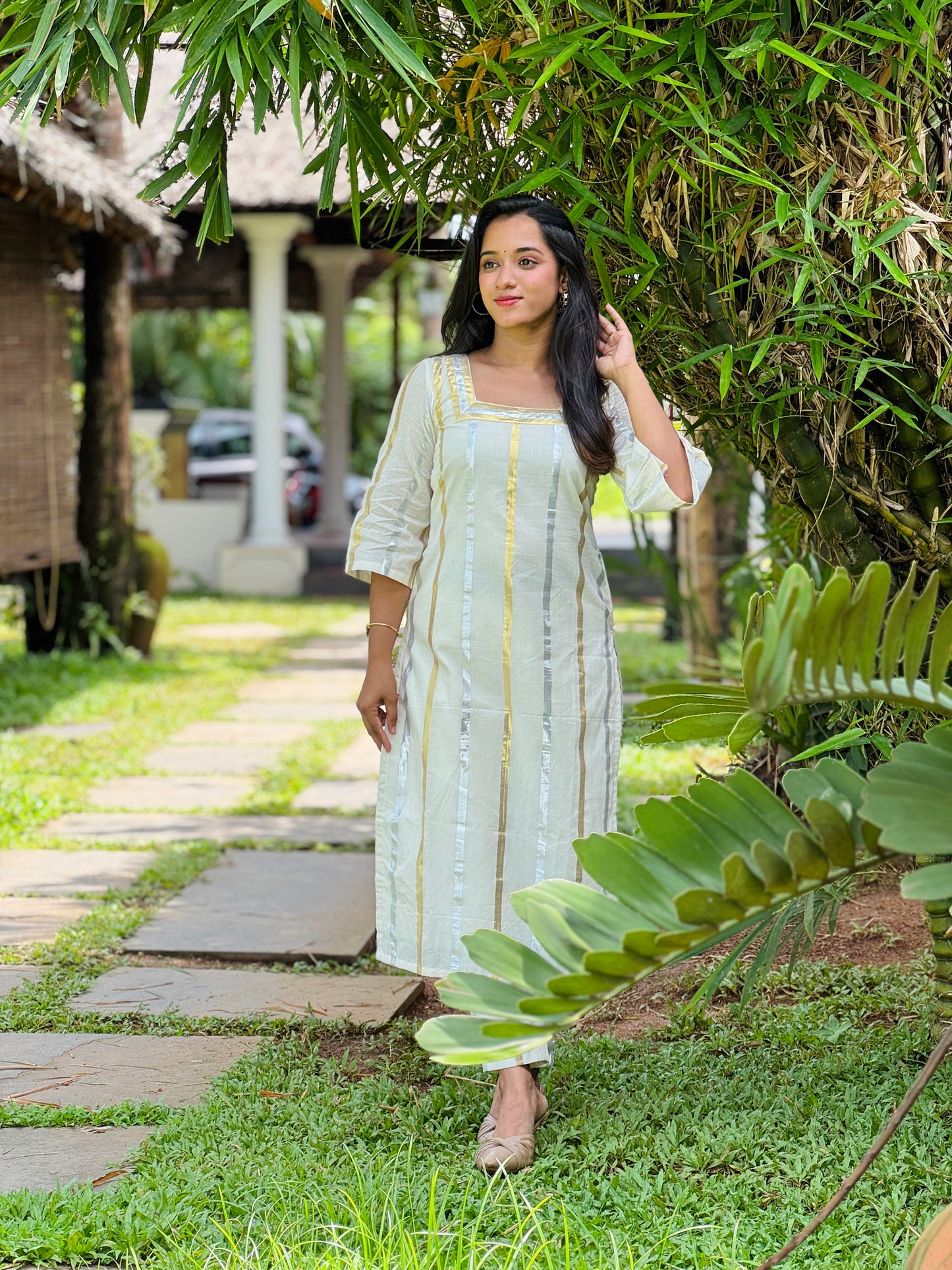 Off White Silver and Gold Striped Kurta and Pant Set