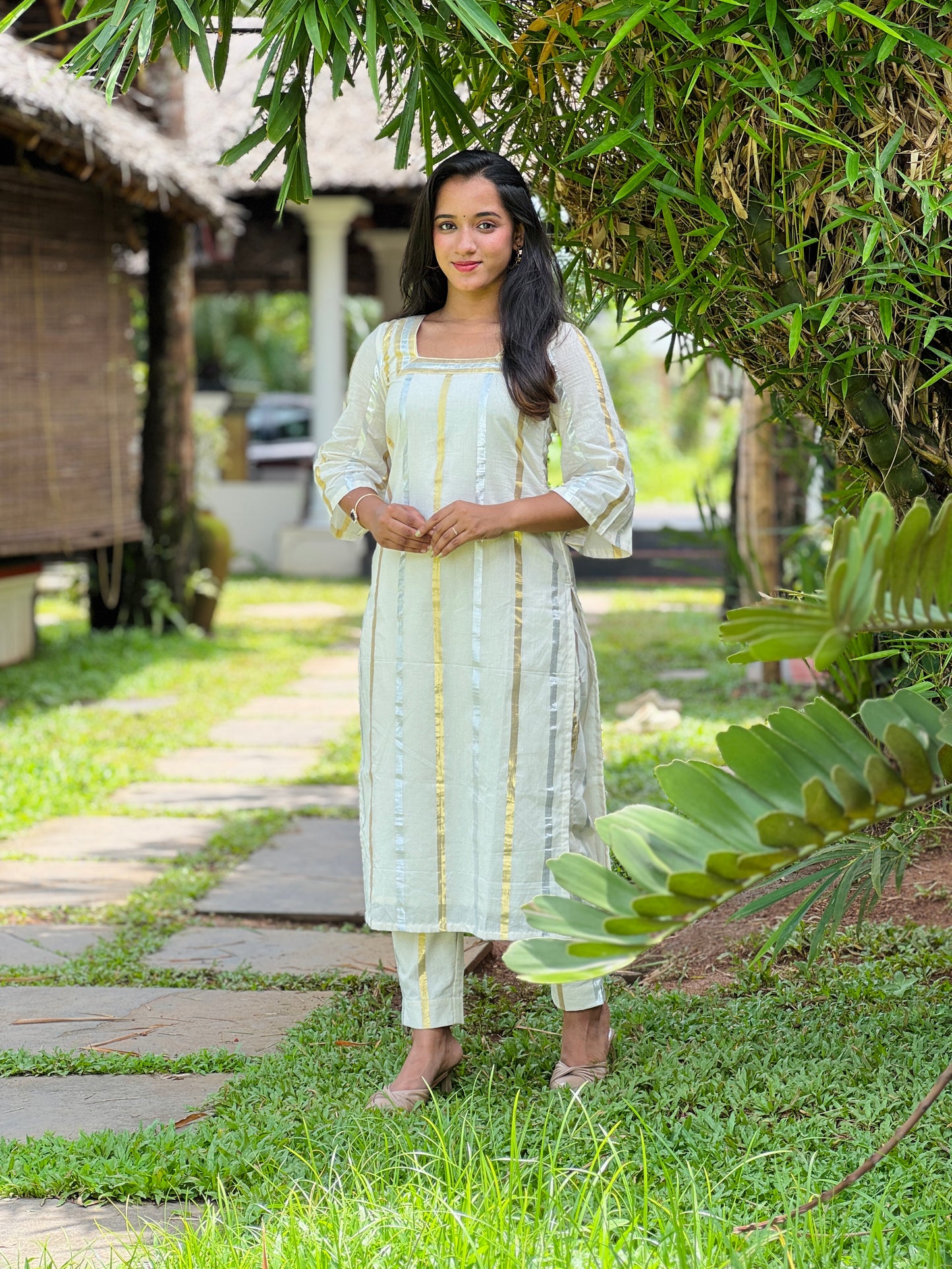 Off White Silver and Gold Striped Kurta and Pant Set