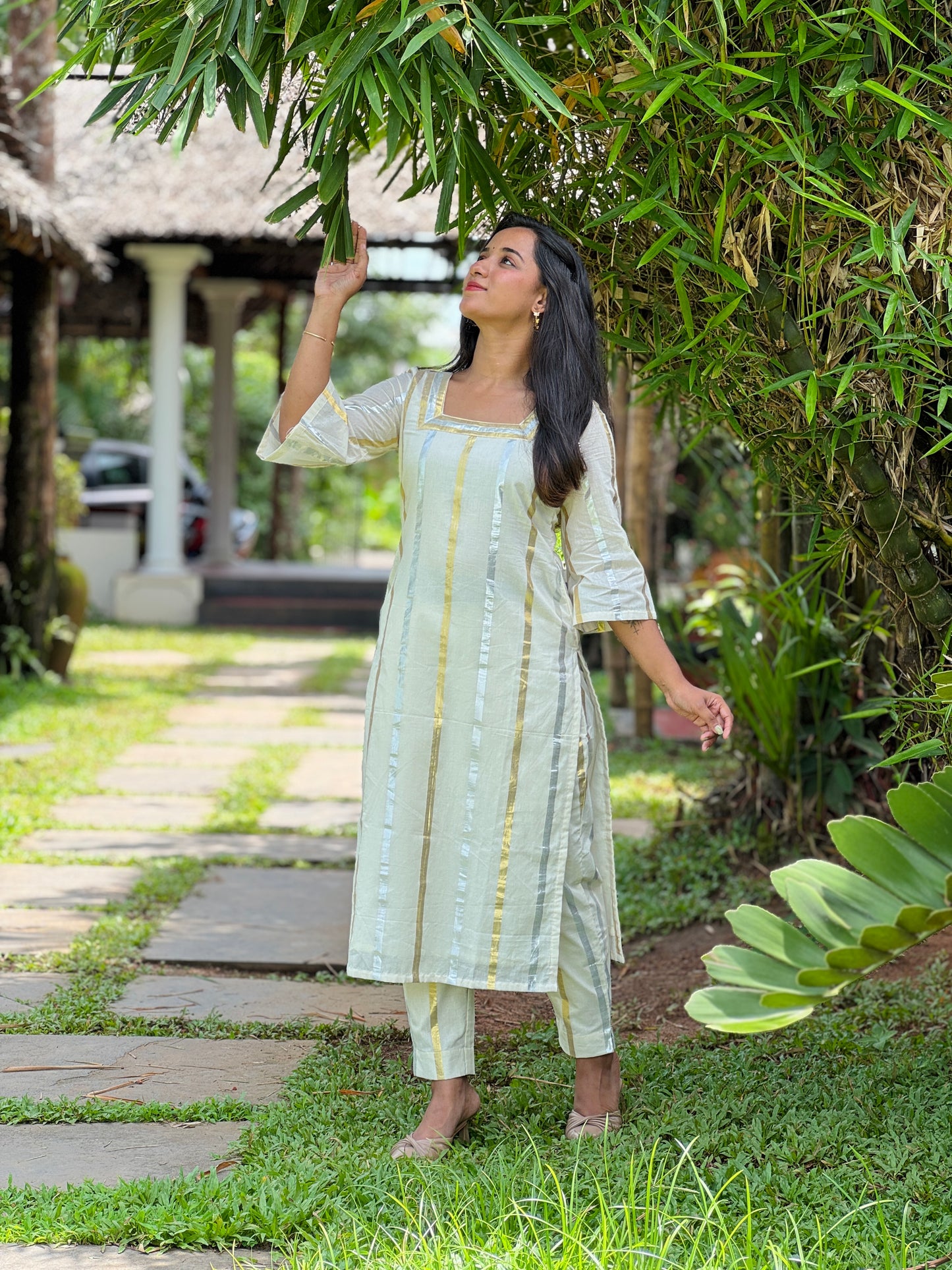Off White Silver and Gold Striped Kurta and Pant Set