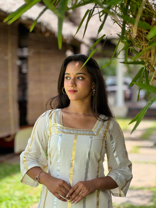 Off White Silver and Gold Striped Kurta and Pant Set